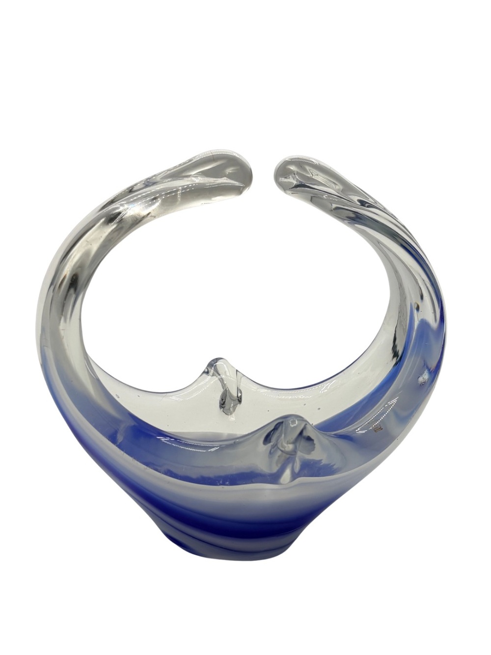 Murano Style Blue Clear Freeform Art Glass Basket Bowl Sculpture 5.5”